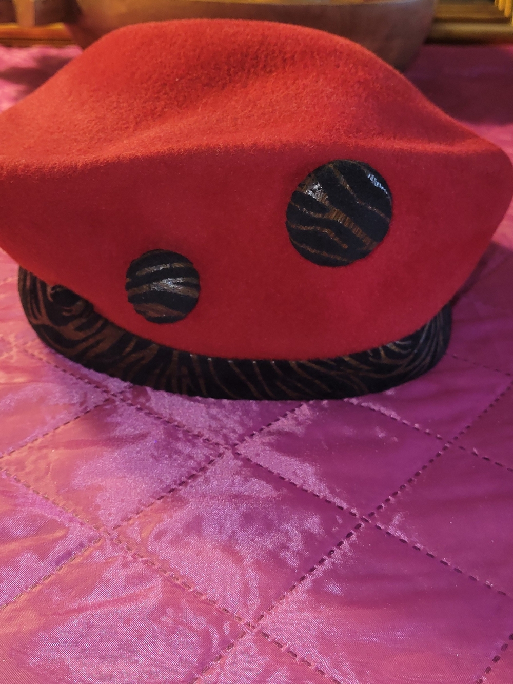 Ruth Kropveld Vintage Red 100% Wool Beret with Animal Trim and Buttons